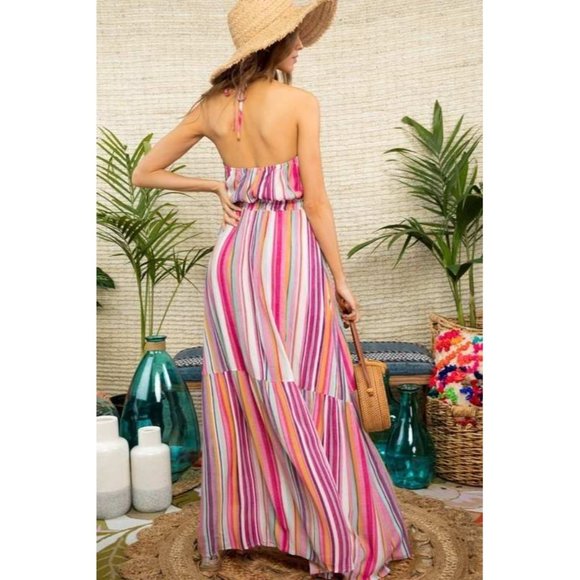 Main Strip Striped Halter & Lace Maxi Dress - Picture 4 of 6